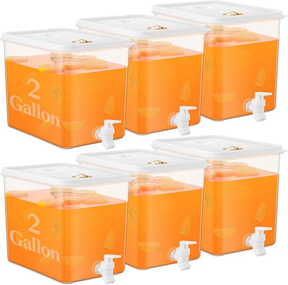 Domensi 6 Pack 2 Gallon Drink Dispenser for Fridge with Spigot Water Dispenser Leak Proof Lids Filter Screen Beverage Juice Container Sealed Plastic Lemonade Milk Cold Hot Drink Tea Jug for Party by Domensi