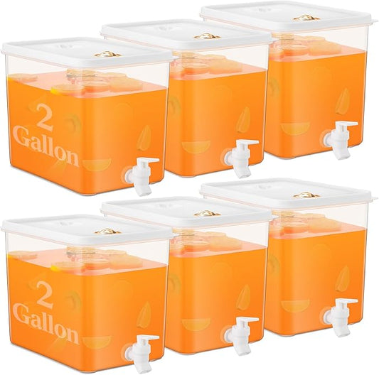 Domensi 6 Pack 2 Gallon Drink Dispenser for Fridge with Spigot Water Dispenser Leak Proof Lids Filter Screen Beverage Juice Container Sealed Plastic Lemonade Milk Cold Hot Drink Tea Jug for Party by Domensi