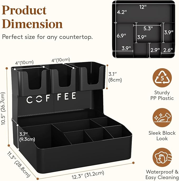 Lifewit 2-tier Coffee Station Organizer Caddy for Countertop, 10 Compartments Coffee Bar Organizers for Cups, Pods, Sugar, Compact Condiment Holders Storage for Office Breakroom Kitchen Home Black - Image 3