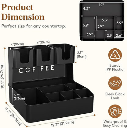 Lifewit 2-tier Coffee Station Organizer Caddy for Countertop, 10 Compartments Coffee Bar Organizers for Cups, Pods, Sugar, Compact Condiment Holders Storage for Office Breakroom Kitchen Home Black - Image 3