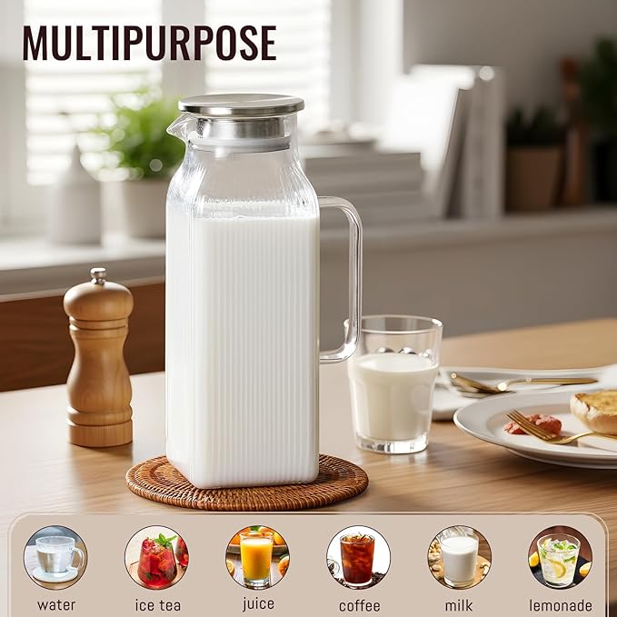 2 Liter/68 oz Square Glass Pitcher with Lid, Classic Stripes Water Pitchers with Handle for Fridge, Large Jug for Iced Tea, Coffee, Borosilicate Glass Carafe for Hot/Cold Brew Drink, Silver - Image 3