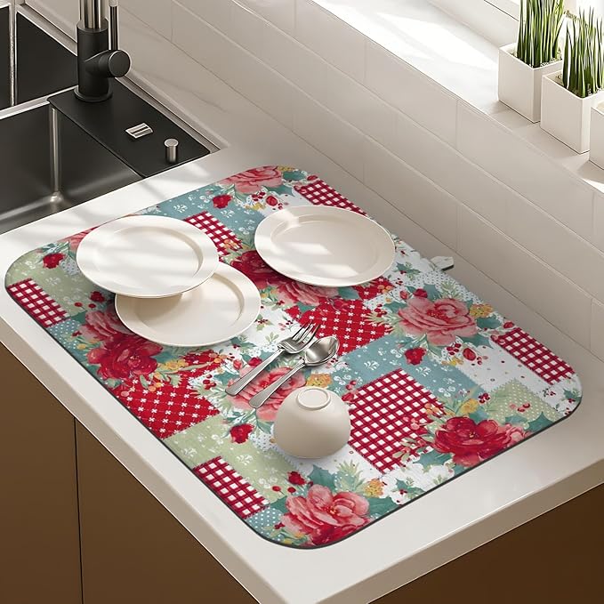 Dish Drying Mat Drainer Pads - Extra Large Microfiber Drying Mats for Dishes Kitchen Counter Super Absorbent Pads for Draining Racks (Red,18"x24" )