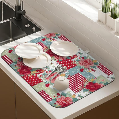 Dish Drying Mat Drainer Pads - Extra Large Microfiber Drying Mats for Dishes Kitchen Counter Super Absorbent Pads for Draining Racks (Red,16"x18" )