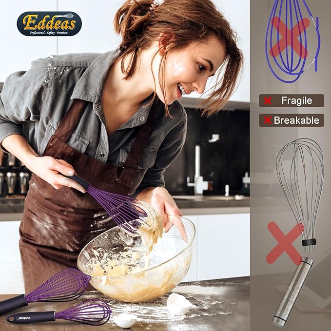 Silicone Whisk, Eddeas Whisk Non-Scratch Coated Whisks set of 3-Heat Resistant(450°F) Kitchen Wisk, Balloon Egg whisk Perfect for Blending, Whisking, Beating & Stirring, Purple - Image 8