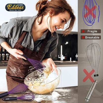 Silicone Whisk, Eddeas Whisk Non-Scratch Coated Whisks set of 3-Heat Resistant(450°F) Kitchen Wisk, Balloon Egg whisk Perfect for Blending, Whisking, Beating & Stirring, Purple - Image 8