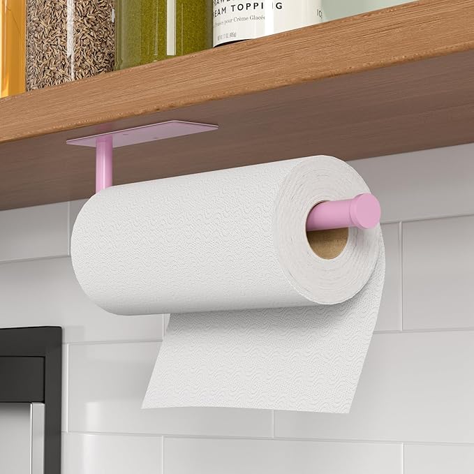 Paper Towel Holder Under Cabinet, Self-Adhesive,No Drilling, Stainless Steel, Wall-Mounted for Kitchen and Bathroom, Easy Install, Durable, Space-Saving, Ideal for Home, RV (Pink, 1 Pack) - Image 2