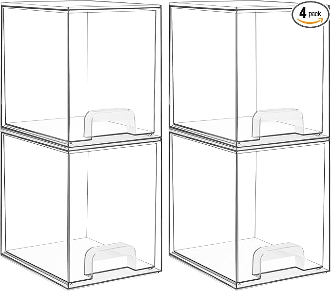 Vtopmart 7.6" H Clear Stackable Storage Drawers, 4 Pack Plastic Organizers Bins for Skincare, Cosmetics,Beauty Supplies,Ideal for Vanity, Bathroom,Kitchen Countertop,Cabinet Organization by Vtopmart