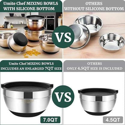 Umite Chef Mixing Bowls with Airtight Lids，6 piece Stainless Steel Metal Nesting Storage Bowls, Non-Slip Bottoms Size 7, 3.5, 2.5, 2.0,1.5, 1QT, Great for Mixing & Serving(Black) - Image 5