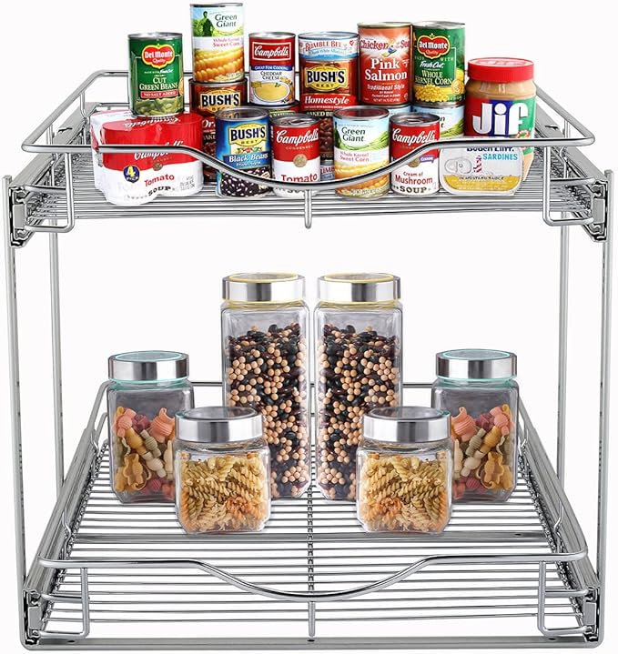 DINDON 2 Tier Pull Out Cabinet Organizer (14" W X 18" D), Double Tier Wire Basket Slide Out Shelf Storage for Kitchen Base Cabinet Organization ​for Kitchen, Pantry, Bathroom, Chrome - Image 8