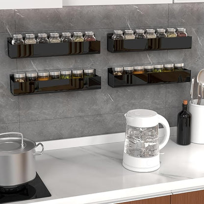 PMMASTO Adhesive Acrylic Spice Rack Organizer for Wall with Nano Double Sided Tape, Spice Shelf Organization for Kitchen Cabinet Door/Pantry Door, Wall Mount Seasoning Rack (Black - 4 Pack)