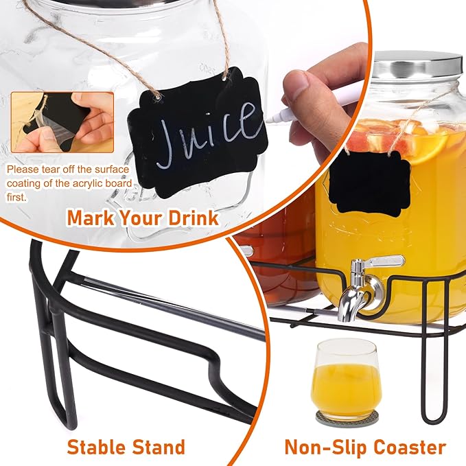 Bululuo Glass Drinks Dispenser for Parties, 2 PACK 1 Gallon Beverage Dispenser with Stand for Juice and Iced Tea, Water Jug Dispenser for Lemonade, Party Essential Beverage Pitcher with Spout - Image 5
