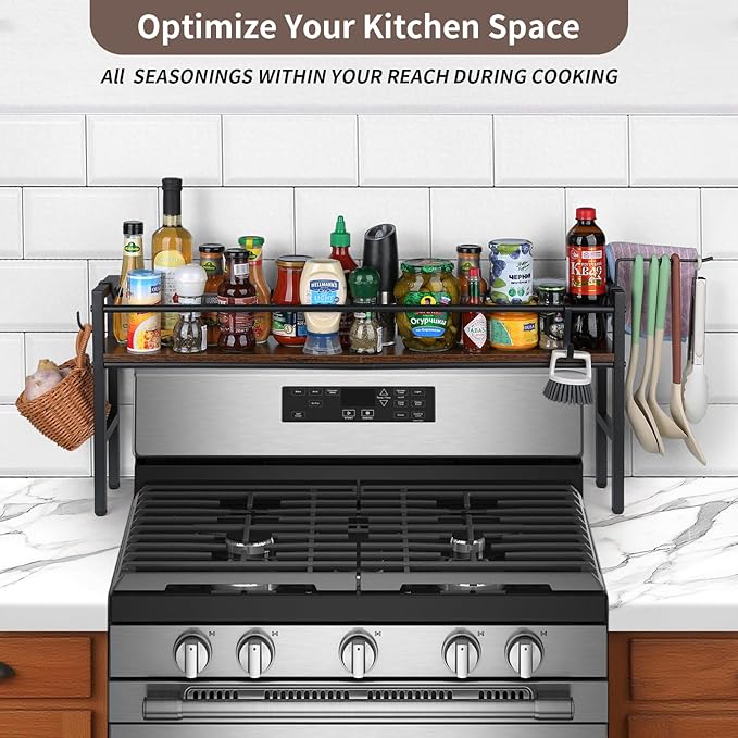 Meangood Spice Rack Shelf for Kitchen Stove, Over the Stove Shelf with 4 Hooks Extra Storage Countertop, Rustic Wood & Solid Metal Commbined Stove Shelf for Storage Seasoning, Easy to Assemble - Image 3