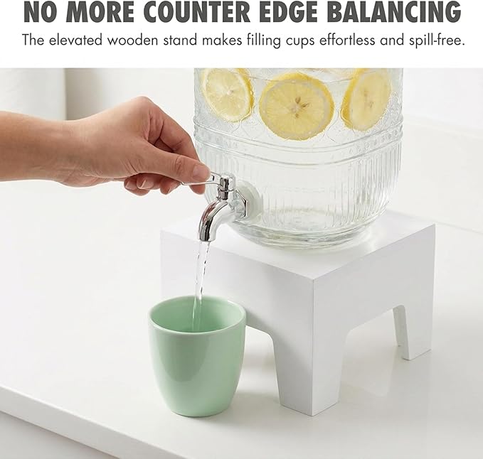 Beverage Dispenser 1 Gallon, Glass Drink Dispenser with Wooden Base Stand, Wide Mouth Jar for Lemonade, Iced Tea, Infused Water, Vintage Kitchen Decor