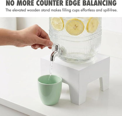 Beverage Dispenser 1 Gallon, Glass Drink Dispenser with Wooden Base Stand, Wide Mouth Jar for Lemonade, Iced Tea, Infused Water, Vintage Kitchen Decor