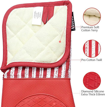 Alselo Silicone Oven Mitts Heat Resistant 932℉ with Waterproof & Non-Slip Kitchen Mittens, Set of 2 Extra Long Oven Gloves with Soft Cotton Terry Lining for Baking Cooking Barbecue (2, Red Mitts) - Image 5