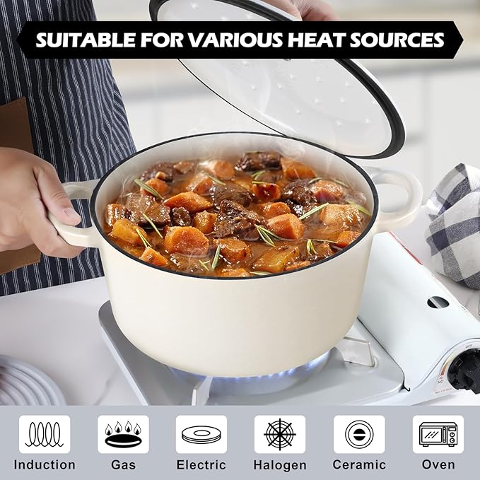 TeamFar 6Qt Dutch Oven, Enameled Cast Iron Dutch Oven Pot with Lid & Dual Handles for Bread Baking, Cooking, Simmer, Non Toxic & Heavy Duty, Oven Safe & Various Stovetops Suitable - Cream White - Image 5