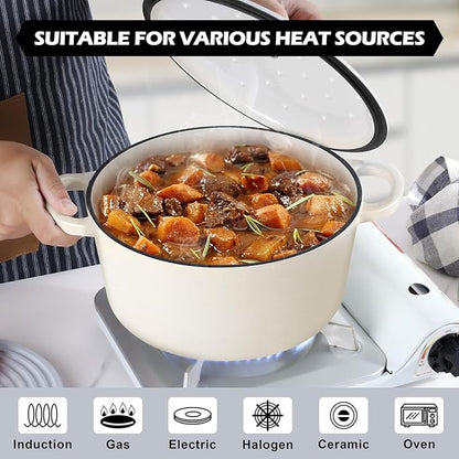 TeamFar 6Qt Dutch Oven, Enameled Cast Iron Dutch Oven Pot with Lid & Dual Handles for Bread Baking, Cooking, Simmer, Non Toxic & Heavy Duty, Oven Safe & Various Stovetops Suitable - Cream White - Image 5