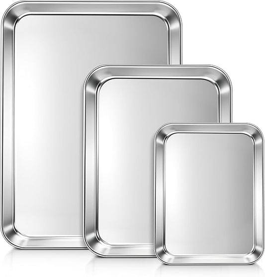 LIANYU 3 Pack Stainless Steel Baking Sheets, Cookie Sheet Pan for Baking & Roasting, 16/12.4/9.2 In, Toaster Oven Pan Cookie Baking Tray, Non Toxic & Heavy Duty & Easy Clean, Dishwasher Safe by LIANYU