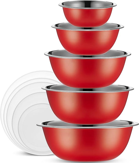 WHYSKO Stainless Steel Mixing Bowl Set, 10 Piece Stainless Steel Mixing Bowls with Lids Set for Food Prep Storage and Serving, Dishwasher Safe for Kitchen Baking Cooking, Red by WHYSKO