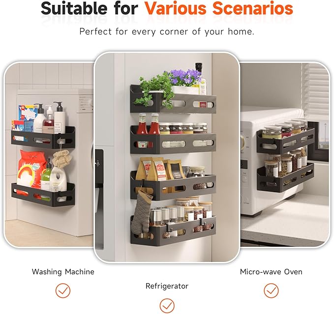 Sevenblue 2 Pack Strong Magnetic Spice Rack for Refrigerator, Multipurpose Magnetic Shelf for Fridge with 4 Hooks for kitchen and Bathroom Organization, Black - Image 6