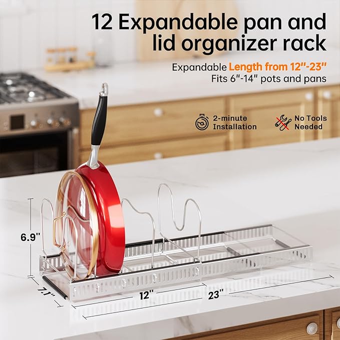 MUDEELA Pot Rack - Expandable Pots and Pans Organizer under Cabinet, Pot Lid Organizer Holder with 12 Adjustable Compartment, Kitchen Cabinet Organizer and Storage for Cutting Board, Skillets Pan - Image 2