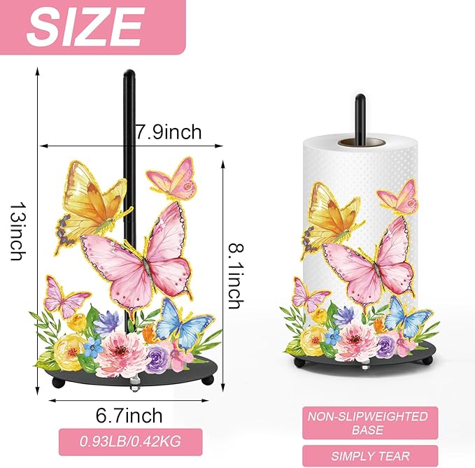 Whaline Spring Summer Paper Towel Holder Colorful Butterfly Floral Large Metal Towel Holder Countertop Roll Stand Organizer for Home Party Kitchen Bathroom Decor Accessories