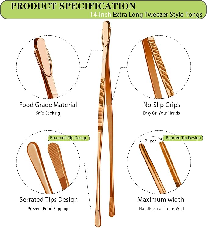 JETKONG 2 Pcs 14-Inch Kitchen Tweezers Extra Long Cooking Tweezer Tongs Stainless Steel Long Food Tweezers (Rose Gold) - Image 2