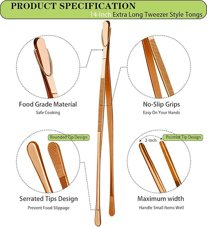 JETKONG 2 Pcs 14-Inch Kitchen Tweezers Extra Long Cooking Tweezer Tongs Stainless Steel Long Food Tweezers (Rose Gold) - Image 2