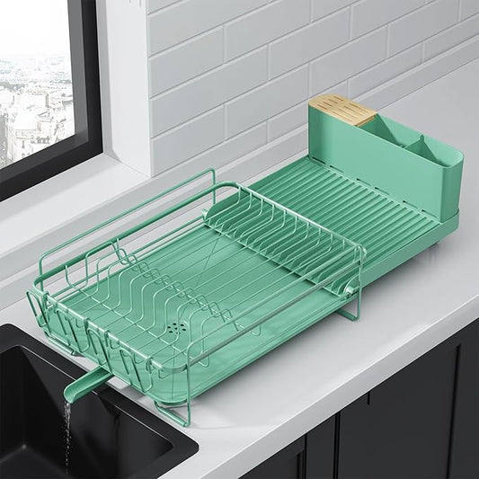 Kitsure Large Dish Drying Rack - Extendable Dish Rack, Multifunctional Dish Rack for Kitchen Counter, Anti-Rust Dish Drainers with Cutlery & Cup Holders 19.2"-26.7" L x 12.9" W, Green by Kitsure