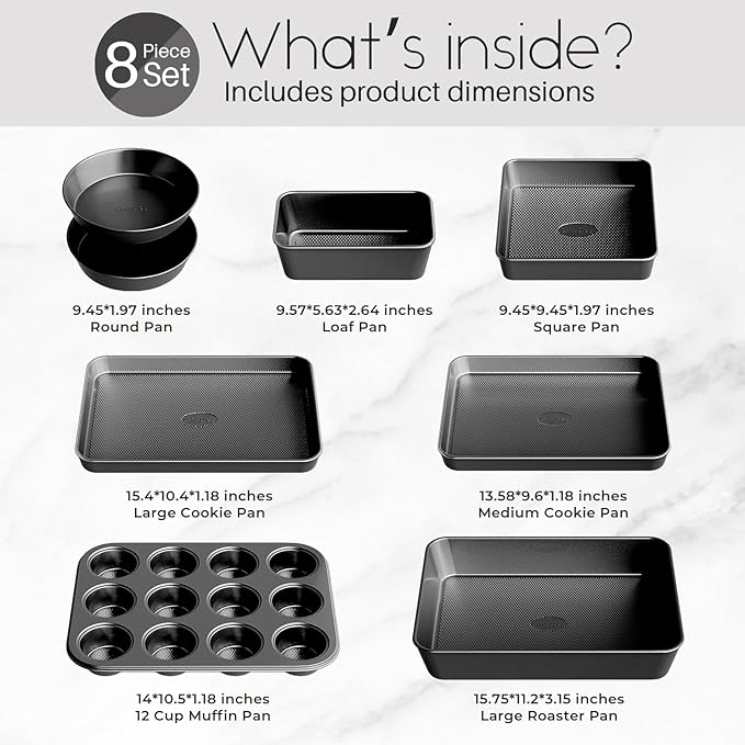 Nonstick Baking Pans Set, 8-Piece Stackable Bakeware Sets, Non-Toxic Oven Pan Set, Includes Baking Sheet, Cake Pan, Muffin Pan, Loaf Pan, Square Pan, Cookie Sheet & Roasting Pan, Black - Image 4