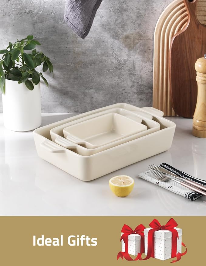 Sweejar Ceramic Bakeware Set, Rectangular Baking Dish for Oven Lasagna Pans for Cooking, Kitchen, Cake Dinner, Banquet and Daily Use, 11.8 x 7.8 x 2.76 Inches of Casserole Dishes (Beige) - Image 6