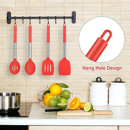 Pack of 4 Large Silicone Cooking Spatulas and Spoons, Slotted and Solid Stainless Steel Cooking Utensils Set, Non-stick Heat Resistant Kitchen for Baking, Fried, Stir-Fry, Mixing, Serving (Red) - Image 6