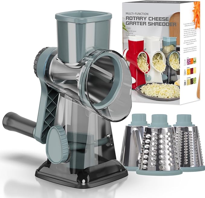 Cheese Grater Cheese Shredder with 3 Interchangeable Blades, Rotary Cheese Grater Manual Vegetable Slicer with Non-slip Suction Base Peanut Nuts Grinder Vegetable Shredder Clear by GORCI