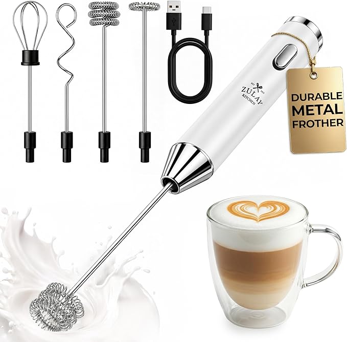 Zulay Kitchen Metal Rechargeable Milk Frother, 3 Whisk Attachments Handheld Frother Wand, 1800mAh USB-C Charging, Electric Drink Mixer for Protein, Matcha & Powders - One Charge Lasts up to 6 Months by ZulayKitchen
