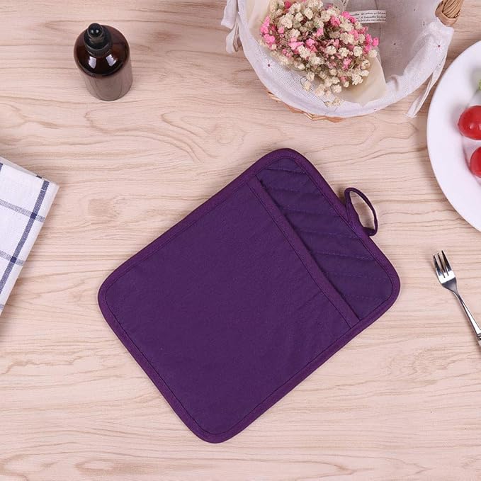 Anyi Pot Holders for Kitchen Heat Resistant, Cotton Hot Pads for Counter Table, Purple Kitchen Pot Holders with Pocket - Image 6