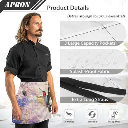 Server Apron with 3 Pockets, Waterproof Oil Waitress Waiter Half Apron for Restaurant Hotel Kitchen Cafe