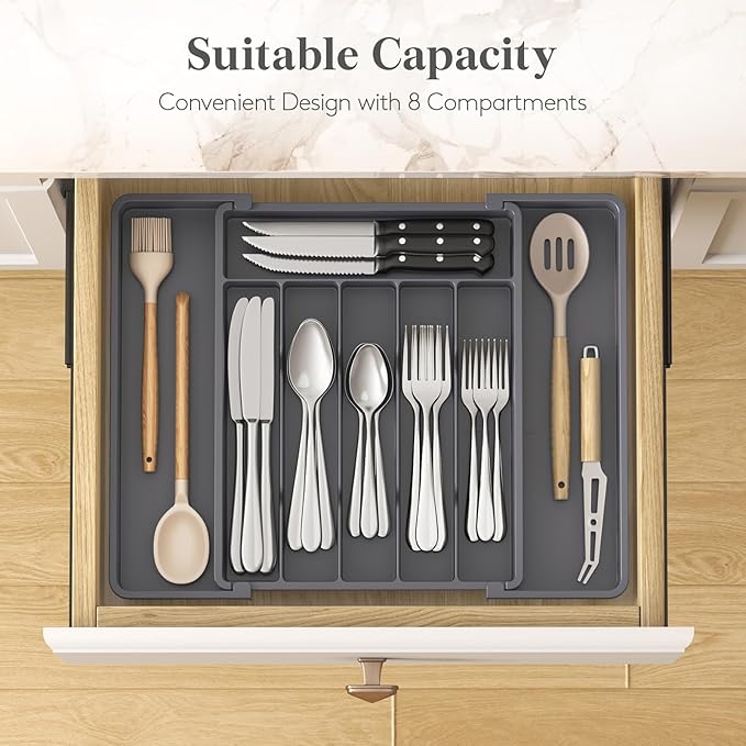 Lifewit Silverware Drawer Organizer, Expandable Utensil Tray for Kitchen, BPA Free Flatware and Cutlery Holder, Adjustable Plastic Storage for Spoons Forks Knives, 10.9"-17.5" x 13.7", Dark Grey - Image 3
