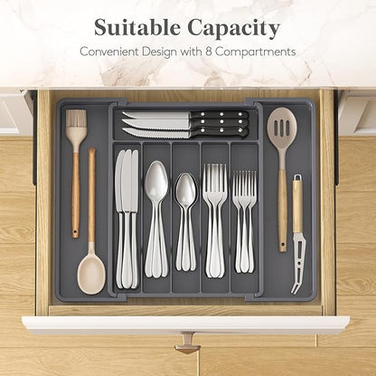 Lifewit Silverware Drawer Organizer, Expandable Utensil Tray for Kitchen, BPA Free Flatware and Cutlery Holder, Adjustable Plastic Storage for Spoons Forks Knives, 10.9"-17.5" x 13.7", Dark Grey - Image 3