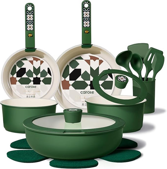 CAROTE 19Pcs Ceramic Cookware Set, Pots and Pans Set Non stick, Non Toxic Cookware Detachable Handle, Kitchen Cooking Set - Induction Cookware, Dishwasher/Oven Safe, PFAS Free, Green by CAROTE