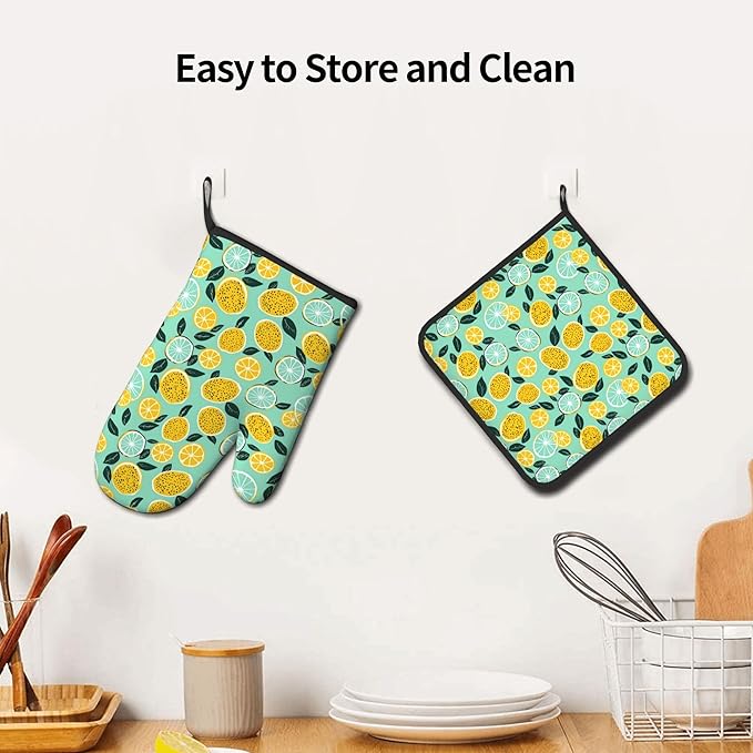 Lemon Pot Holders and Oven Mitts - Summer Teal Lime Refreshing Oven Glove Hot Pads for Kitchen Chef Gifts for Cooking Lover Cooks - Image 6