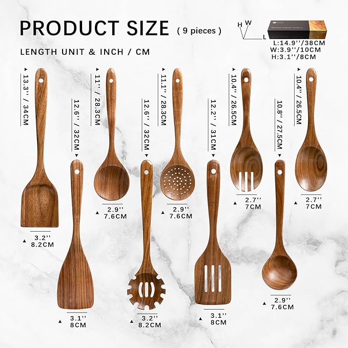 Wooden Spoons for Cooking, Nonstick Cooking Utensil Set with 9 Piece Acacia Wooden Spatulas and Spoons for Cooking, Terrific for Everyday Kitchen Tasks - Image 2