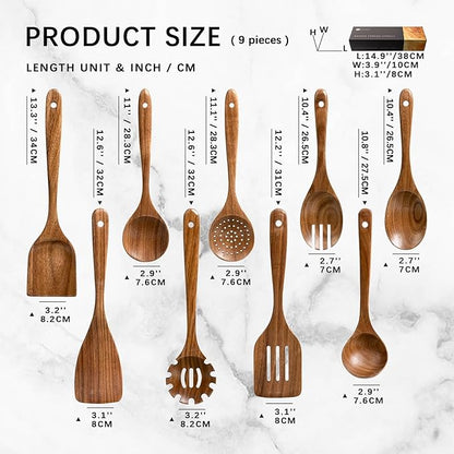 Wooden Spoons for Cooking, Nonstick Cooking Utensil Set with 9 Piece Acacia Wooden Spatulas and Spoons for Cooking, Terrific for Everyday Kitchen Tasks - Image 2