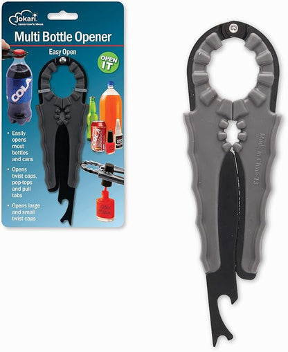 Jokari Multi Bottle Opener for Jars Bottles and Cans 3 in 1 Easy Grip Lid Opener for Weak Hands Twist Caps Pull Tabs Pop Tops and Small Lids Arthritis Aid Manual Kitchen Tool Black by Jokari