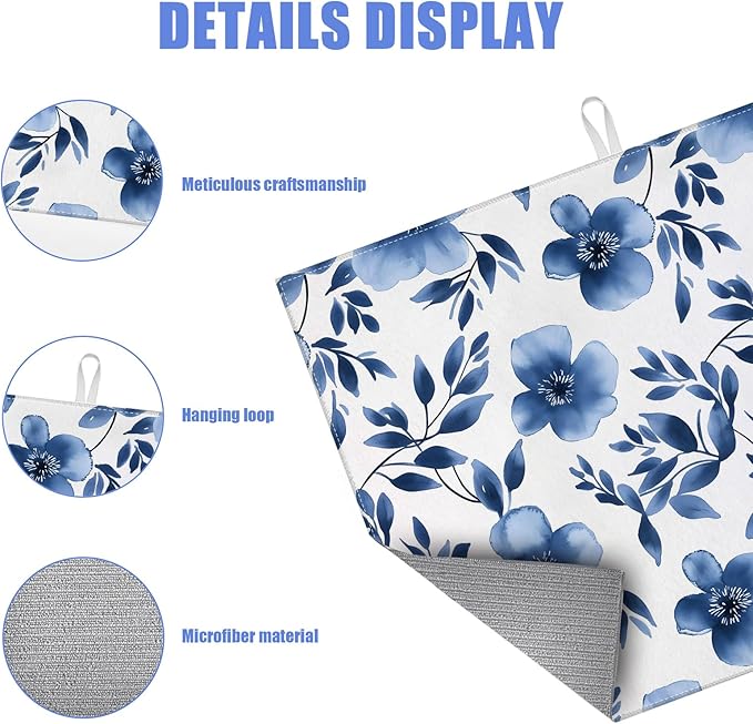 Blue Floral Dish Drying Mat for Kitchen Counter Flower Leaves Drying Pad Absorbent Reversible Dish Drainer Rack Mats Draining Pad 18"x24"Inch - Image 3
