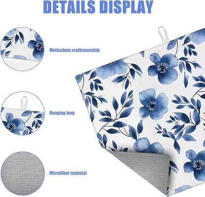 Blue Floral Dish Drying Mat for Kitchen Counter Flower Leaves Drying Pad Absorbent Reversible Dish Drainer Rack Mats Draining Pad 18"x24"Inch - Image 3