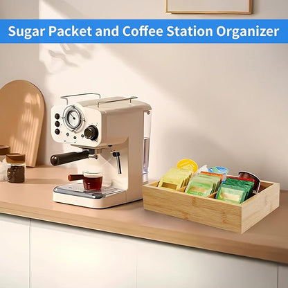 Wood Tea Bag Organizer with 6 Slots – Tea Bag Holder and Tea Organizer, Sugar Packet Storage for Countertops，Small Tea Packet Storage Box for Drawer, Removable Dividers,10 x 6.5 x 2.2inch