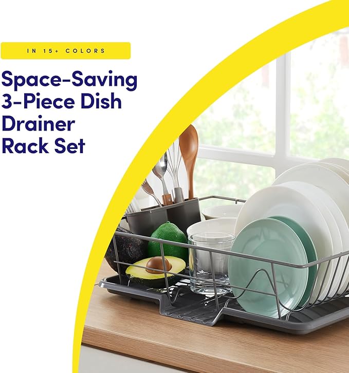 Sweet Home Collection Space-Saving 3-Piece Dish Drainer Rack Set: Efficient Kitchen Organizer for Quick Drying and Storage - Includes Cutlery Holder and Drainboard - Maximize Countertop Space, Gray - Image 2
