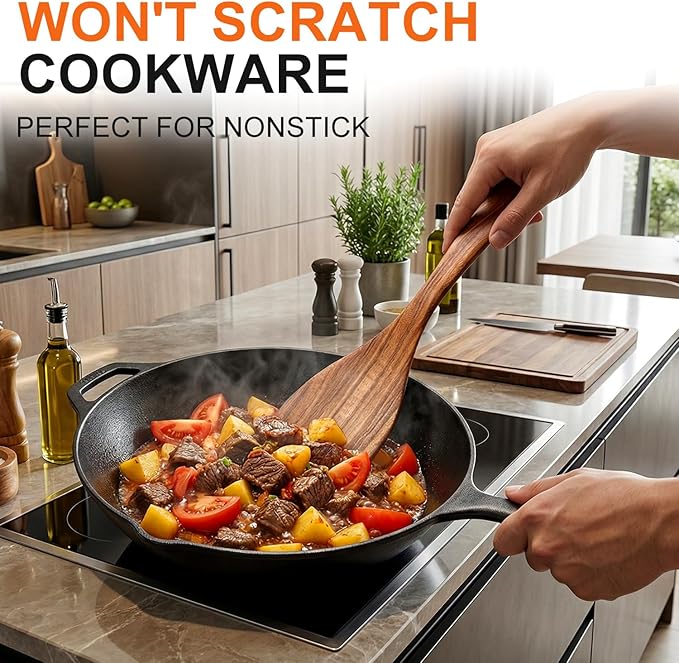 7 Pcs Acacia Wood Cooking Utensils Set Large Wooden Spoons for Cooking Spatula Salad Mixing Spoon Non Toxic Utensil for Kitchen Use Spatulas Non Stick Turner Slotted Serving Spoon Kitchen Utensils - Image 4