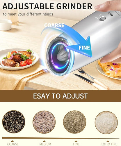 CIRCLE JOY 2-Speed Gravity Electric Pepper Grinder, Rechargeable Salt Grinder Pepper Mills, Adjustable Coarseness, White LED Light, 135ML Large Capacity, Silver - Image 6