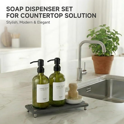 2 Pack Kitchen Soap Dispenser Set - 16oz Green Glass Dish and Hand Soap Dispenser with Stainless Steel Pump, Instant Dry Tray, Dish Brush & Holder, Refillable Countertop Sink Decor for Kitchen & Bath - Image 7